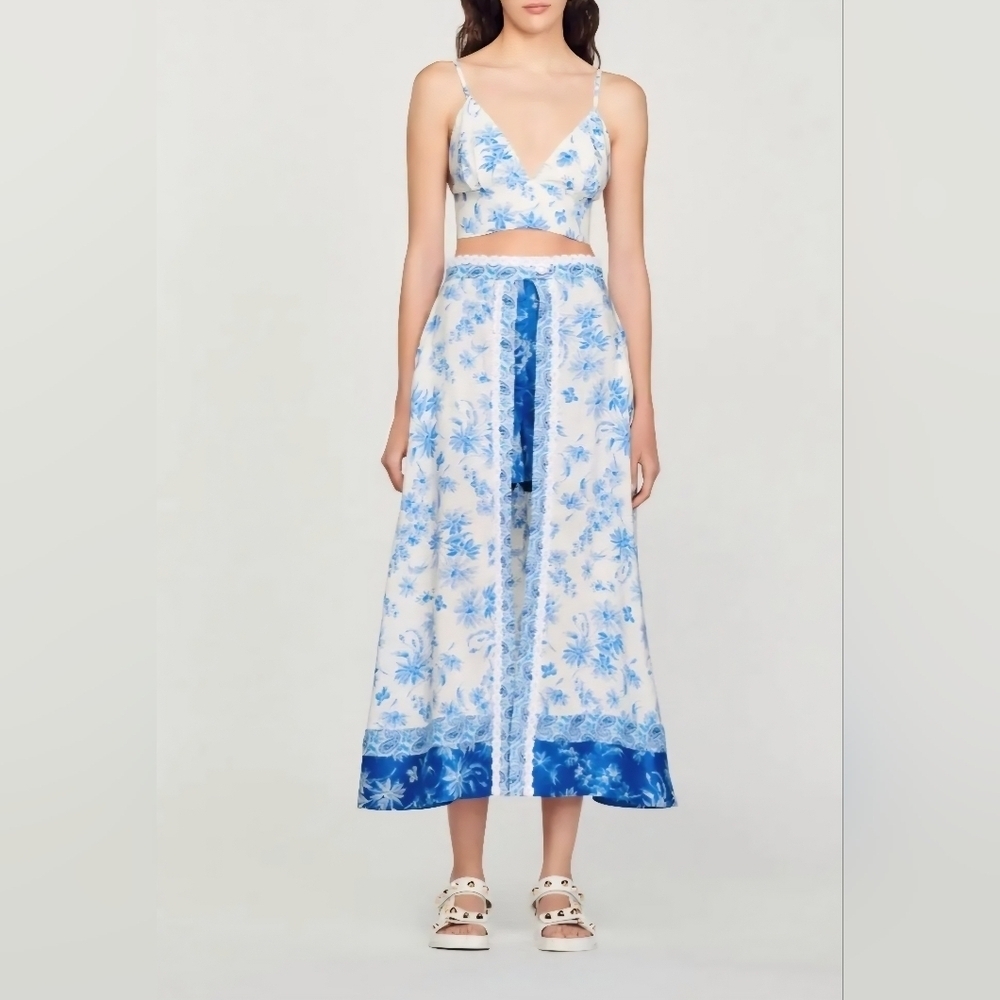 SANDRO Floral Blue WHITE CROP Bralette Top LINEN VISCOSE lined Size 1 S - Picture 11 of 15